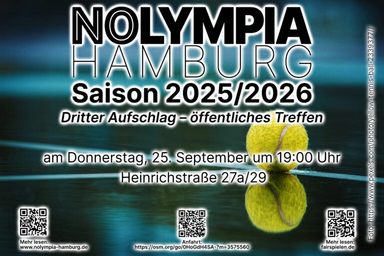 NOLYMPIA HAMBURG Saison 2025/2026 Dritter Aufschlag – Offenes Treffen am Donnerstag, 25. September um 19:00 Uhr in der Heinrichstraße 27a/29