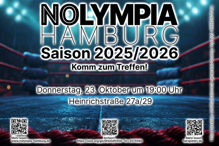 Kommt zum nächsten Treffen von NOlympia Hamburg am 23.10.2025 um 19 Uhr in der Heinrichstraße 29