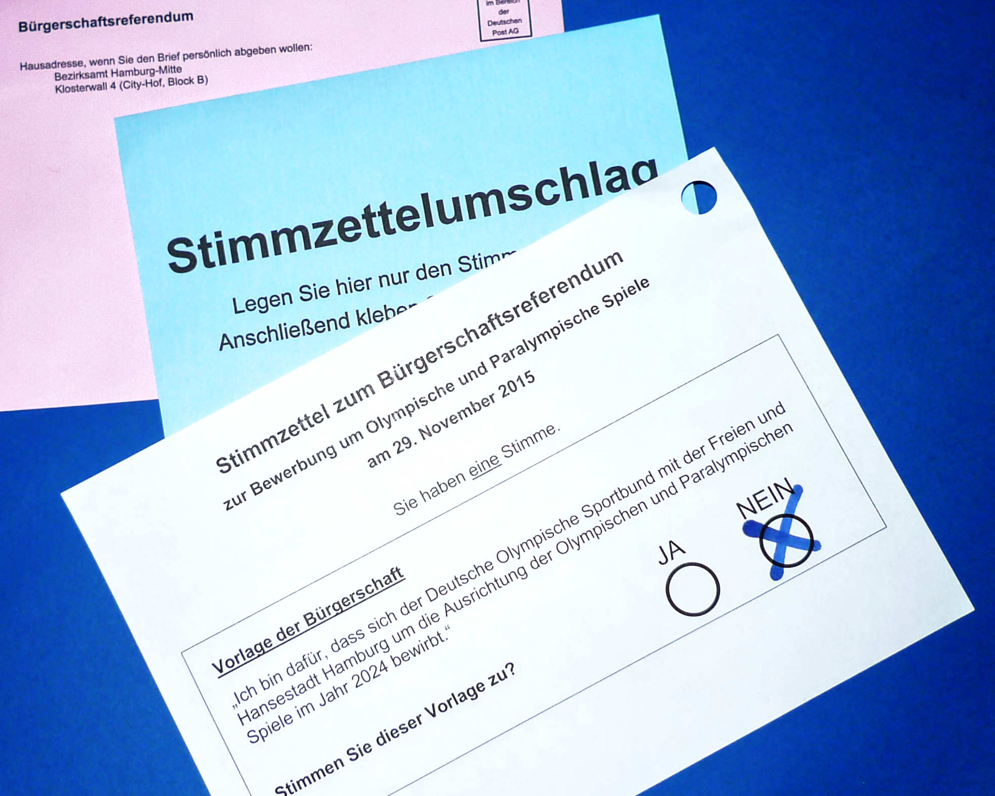 Wahlunterlagen und Stimmzettel für das Bürgerschaftsreferendum 2015. Die Option "Nein" ist angekreuzt.