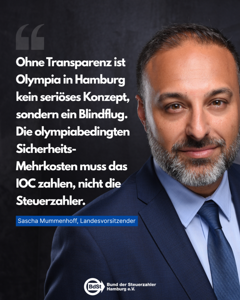 Portrait und Zitat Sascha Mummenhoff, Landesvorsitzender Bund der Steuerzahler: "Ohne Transparenz ist Olympia in Hamburg kein seriöses Konzept, sondern ein Blindflug.
Die olympiabedingten
Sicherheits-
Mehrkosten muss das
IOC zahlen, nicht die Steuerzahler."