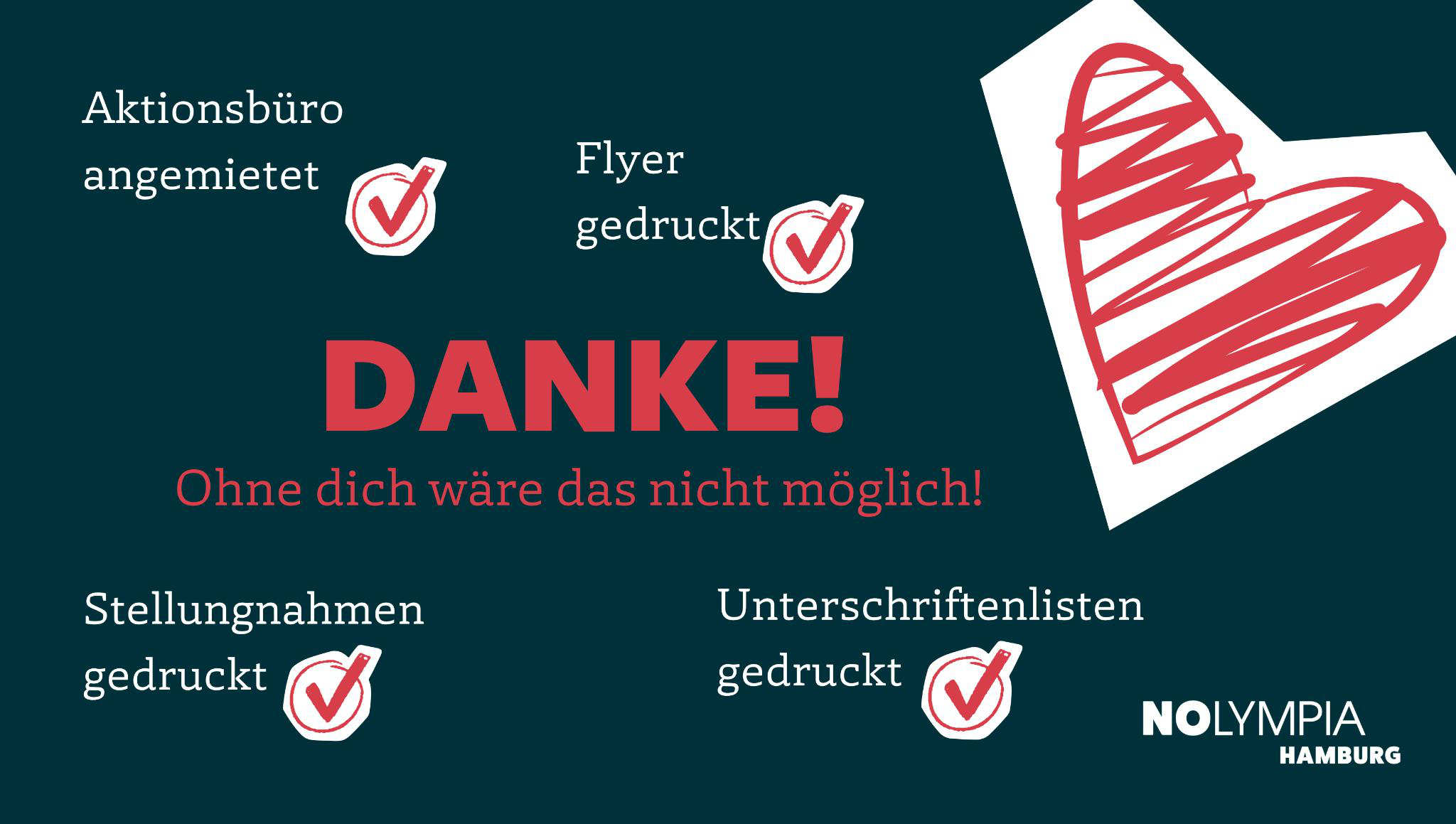 DANKE! Ohne dich wäre das nicht möglich! • Aktionsbüro angemietet • Flyer gedruckt • Stellungnahmen gedruckt • Unterschriftenlisten gedruckt NOLYMPIA HAMBURG