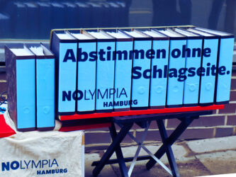 Aktenordner mit der Aufschrift "Abstimmen ohne Schlagseite". Die Ordner enthalten die 19423 Unterschriften, die NOlympia Hamburg dem Landeswahlleiter übergeben hat.